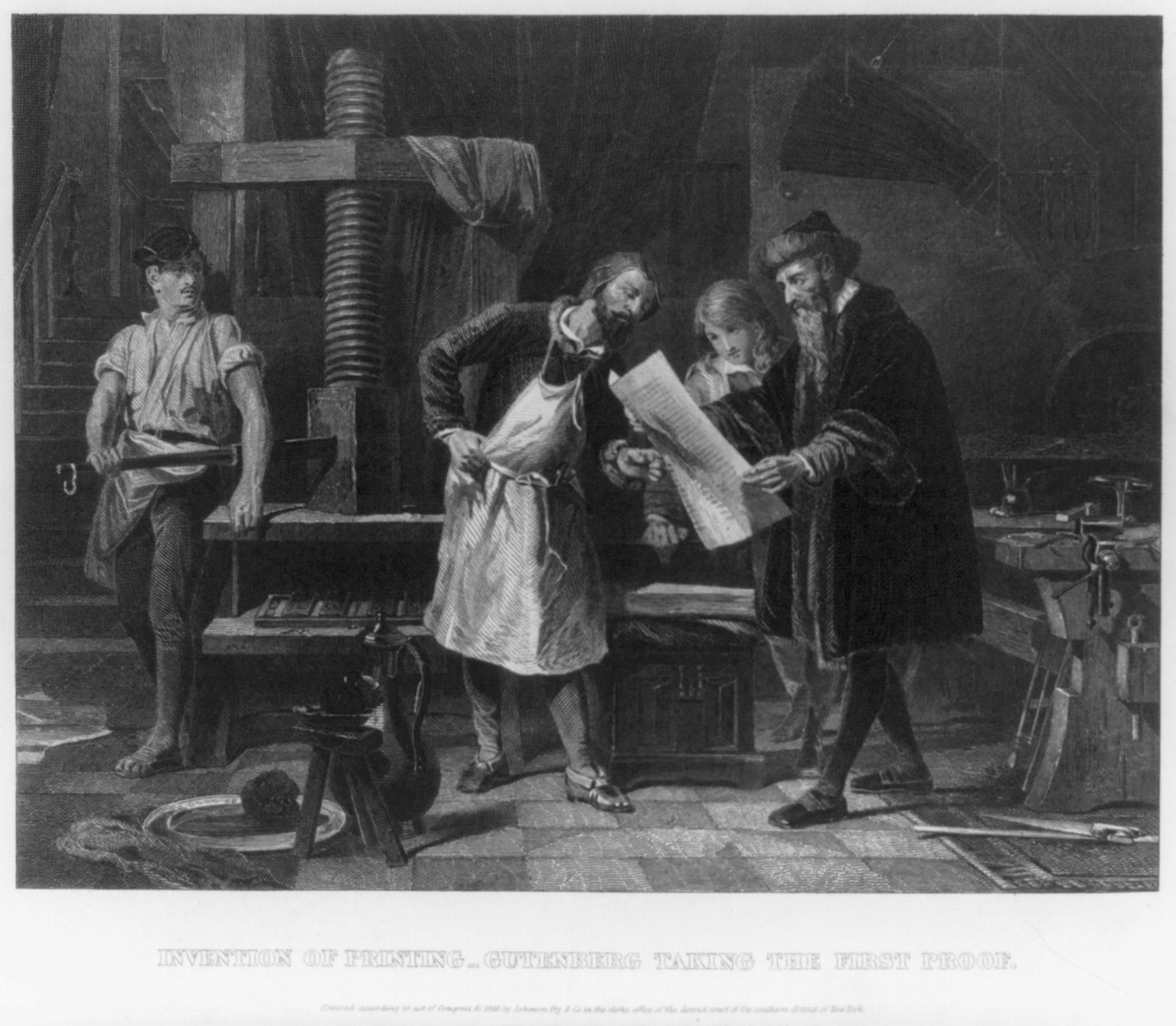Historical engraving depicting Gutenberg inspecting a printed proof